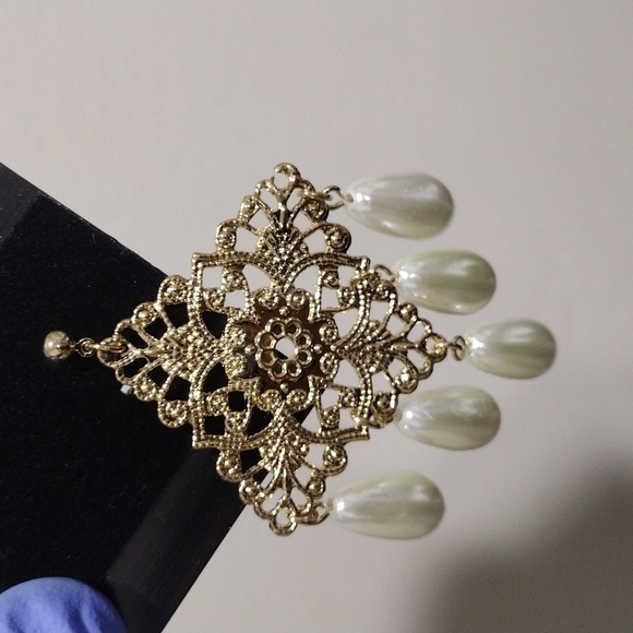 Women's Gold-tone Diamond Shape Filigree Design Beaded Drop Dangle Earrings, #4 - Picture 4 of 5